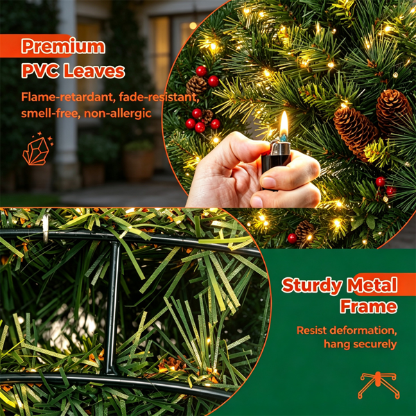 AEELLEEA 24" Pre-Lit Christmas Wreath with 50 Warm White LED Lights, Pine Cones, Timer, Indoor Outdoor Holiday Decor