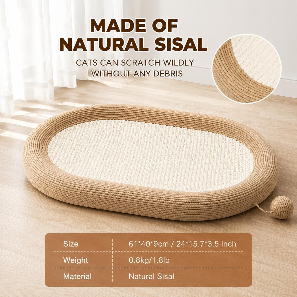 Oval Sisal Cat Scratcher Bed Lounge, 24x15x3.5 Inch Anti-Slip Multi-Purpose Pet Rest Furniture for Indoor Cats