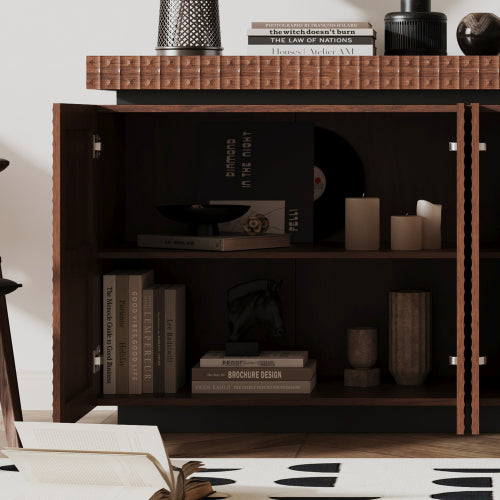 AEELLEEA Modern Walnut Brown Sideboard Buffet Cabinet with 4 Doors, 3D Geometric Textured Storage Cabinet for Dining Room