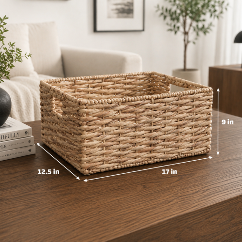 Water Hyacinth Storage Basket, Natural, Handwoven Twisted Weave Basket with Handles – Shelf Organizer, Towel Storage, Living Room Storage