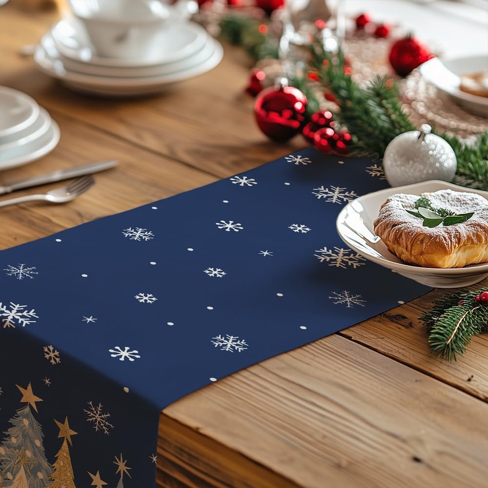 AEELLEEA Christmas Table Runner, Navy Blue Xmas Tree Snowflake Print 13x72 Inch Faux Linen Polyester Table Runner for Holiday Dining Table Home Christmas Decor