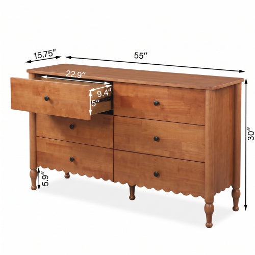 AEELLEEA 55" Farmhouse 6 Drawer Dresser, Rustic Brown Wood Look Double Dresser with Vintage Turned Legs for Bedroom