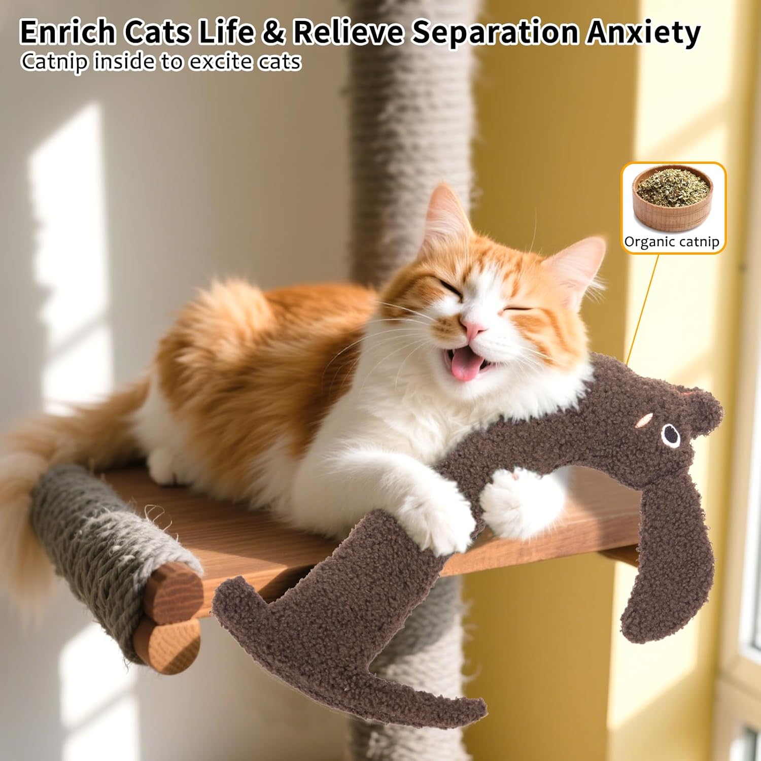 Cat Toy Kicker Pillow Large, Crinkle Sound Refillable Catnip Toy for Indoor Cats Kitten, Durable Plush Kitty Kicking Toy for Cat Chew Teeth Cleaning, Puppy Shape, Brown