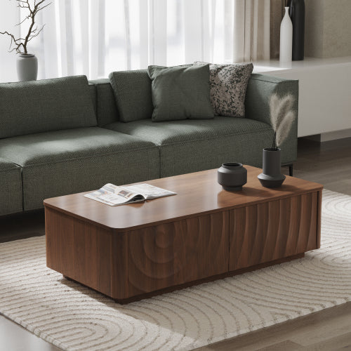 AEELLEEA Modern Walnut Coffee Table with Storage Drawer, Rectangular Living Room Table with Wave Pattern Design