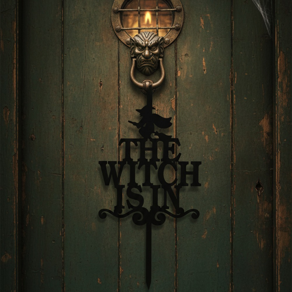 AEELLEEA-The Witch Is In Wreath Hanger, Black Iron Metal Hook, Gothic Spooky Front Door Decor, Halloween Thanksgiving Rustic Wreath Holder