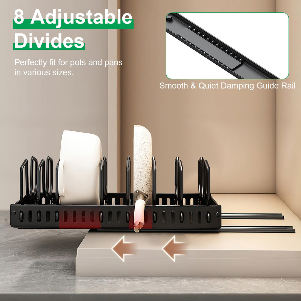 Pull Out Pot Pan Organizer for Cabinet, 8 Adjustable Dividers, Drill-Free Slide Cookware Rack for Pots Lids Dishes, Premium Carbon Steel