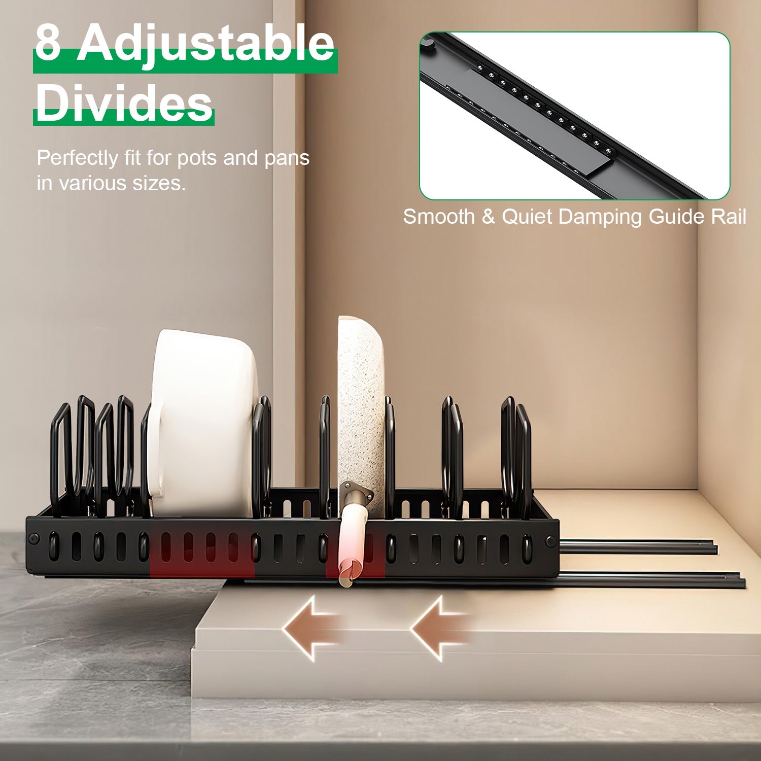 Pull Out Pot Pan Organizer for Cabinet, 8 Adjustable Dividers, Drill-Free Slide Cookware Rack for Pots Lids Dishes, Premium Carbon Steel