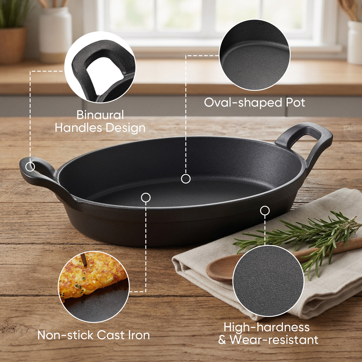 Oval Cast Iron Fajita Pan with Wooden Base, Double Handles, Individual Baking Dish for Steak, Casserole, Bakeware Set, Available in 2 Pack & 4 Pack