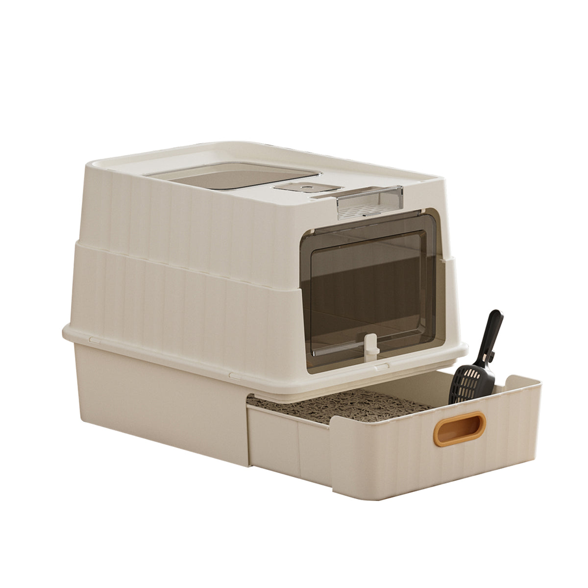 Convertible Enclosed Cat Litter Box with Pull-Out Drawer, Front Door, Top Vent Panel & Litter Scoop, White, 19.69" x 13.78" x 13.78"
