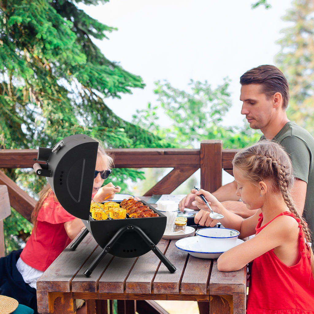 AEELLEEA-Portable Charcoal Grill with Thermometer & Wooden Handle, Compact Tabletop BBQ Grill for Camping