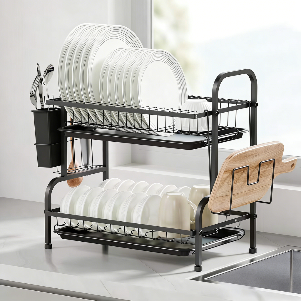 2 Tier Dish Drying Racks with Drainboard,Large Capacity Stainless Steel Dish Racks for Kitchen Counter,Kitchen Sink Organizer for Dishes,Utensils& Fork Knives,Cutting Boards Storage