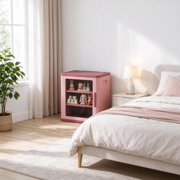 AEELLEEA Pink 2-Tier Storage Cabinet with Clear Door, 15.2" x 14" x 16.1", Kids Room Organizer