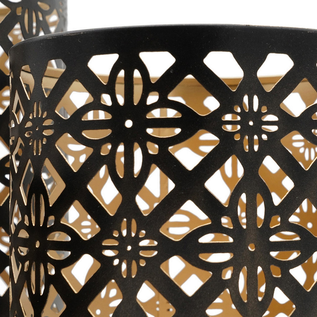 AEELLEEA Set of 3 Metal Lantern Candle Holders, Moroccan Lattice Cutout, Black & Gold Hollow Candle Decor for Entryway Table
