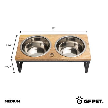 GF Pet Wood & Metal Elevated Pet Feeder, 2 Removable Stainless Steel Bowls, Raised Dog Cat Feeding Station Medium Size