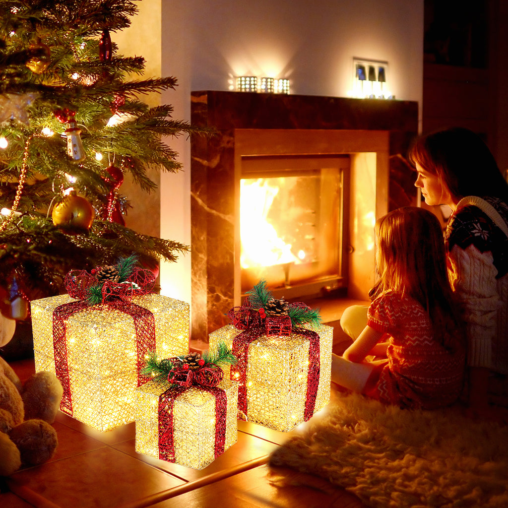 AEELLEEA-3Pcs Golden Lighted Gift Box Decor Set, 10/8/6 Inch, with 5M UK Plug Power Cord, Illuminated Gift Boxes for Christmas Holiday Garden Indoor Outdoor Decoration