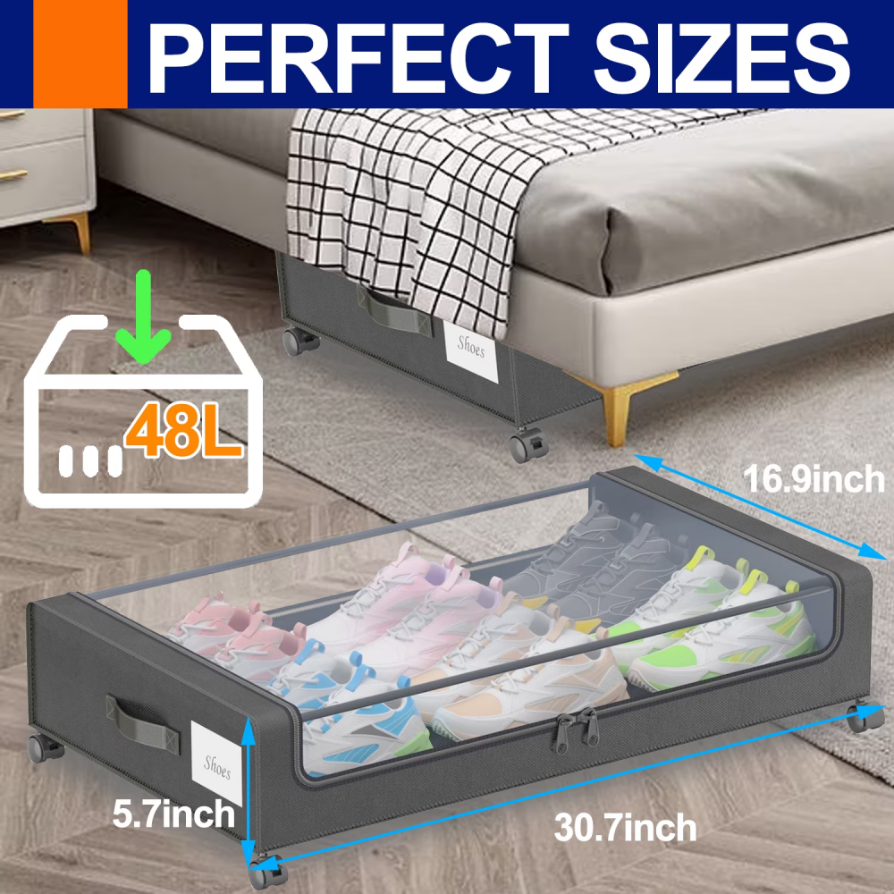 AEELLEEA 2 Pack Under Bed Storage Bins, 360° Lockable Wheels, Clear Lid 600D Oxford for Clothes Shoes Blankets