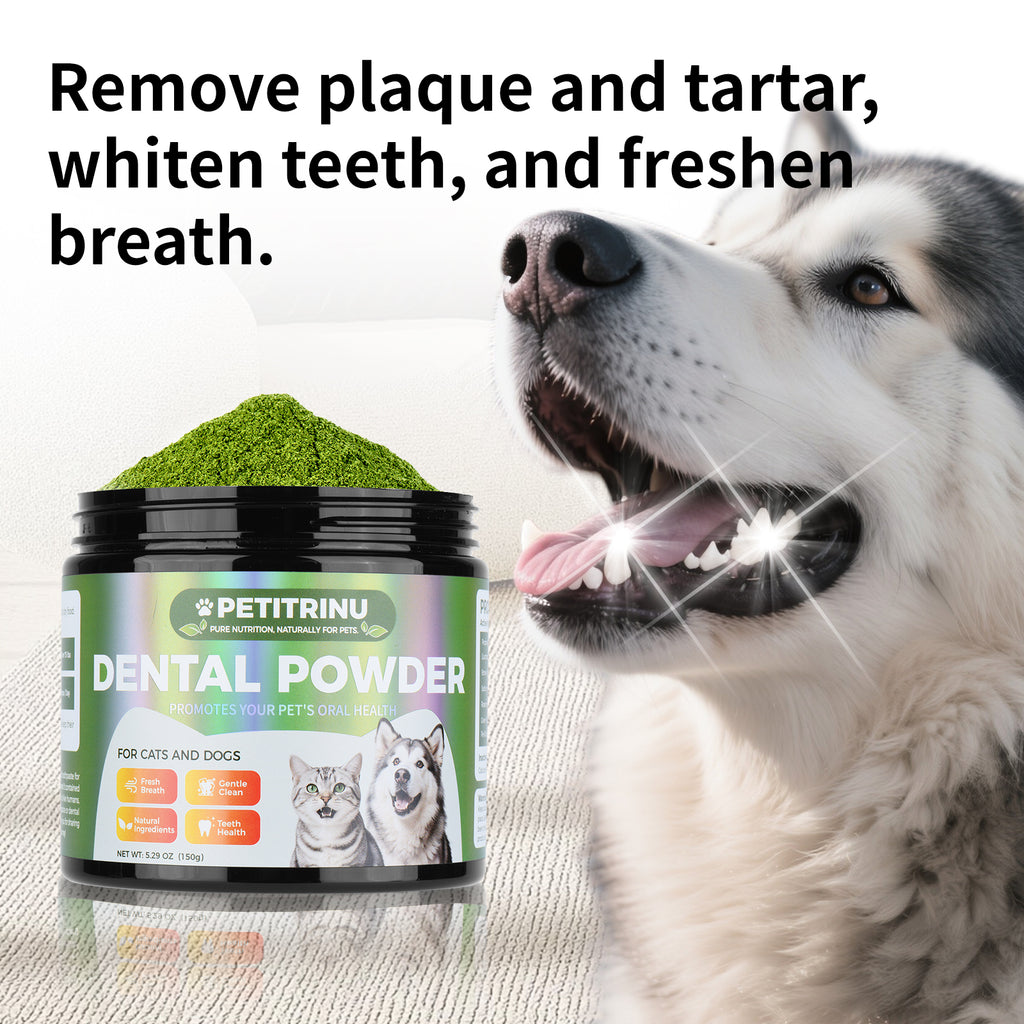 PETITRINU Dental Powder for Cats & Dogs, 5.29 oz - Natural Plaque & Tartar Control, Fresh Breath Freshener, Just Mix into Food