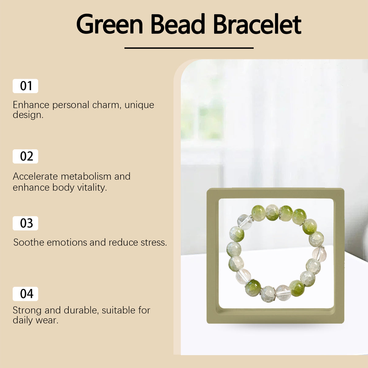 Women's Green Glass Bead Bracelet, Crystal Clear Slip-On Beaded Wristband, Calming Green Jewelry Gift