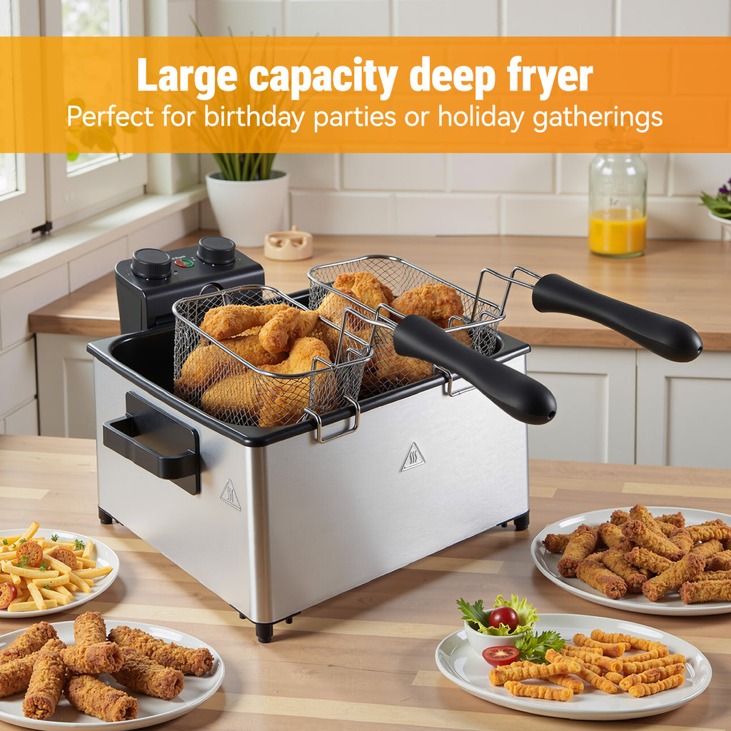1700W Electric Deep Fryer, 5L Stainless Steel Countertop Deep Fryer with 3 Frying Baskets, Adjustable Temp & View Window Lid, Dishwasher‑Safe for Home Cooking