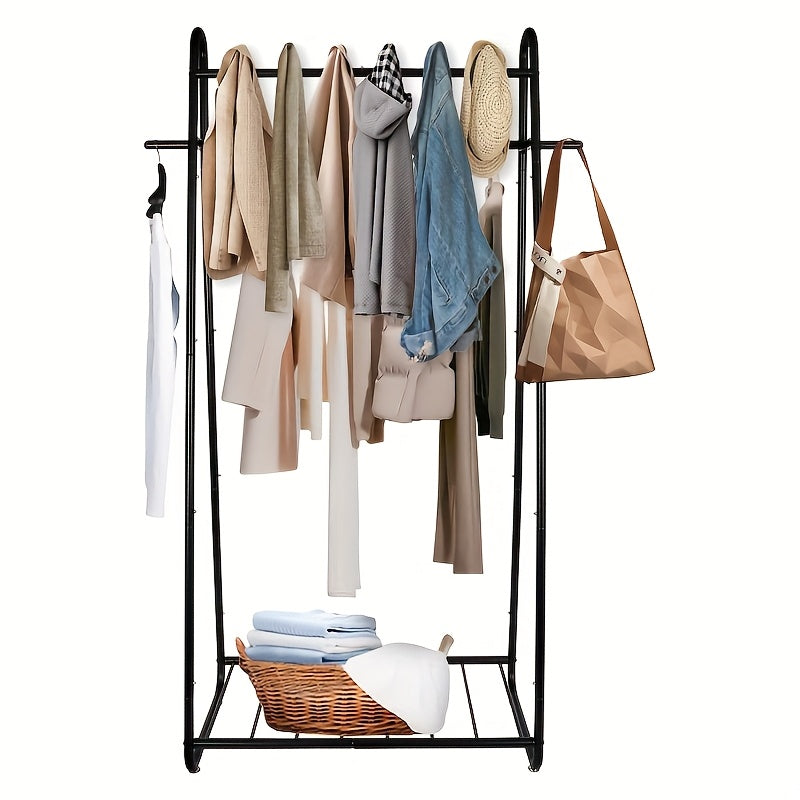 Heavy Duty Black Garment Rack with 6 Hooks & Shoe Shelf, 16"D x 41"W x 66"H, Freestanding Rolling Clothes Organizer for Bedroom & Living Room