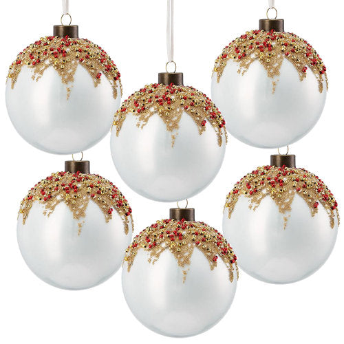 6 PCS Christmas Ball Ornaments, Pearl White Xmas Tree Baubles with Gold Glitter Lace and Red Beads, Glass Christmas Decorations for Holiday Party