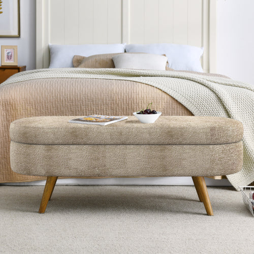 AEELLEEA 43 Inch Oval Storage Ottoman Bench, Beige Textured Fabric Upholstered Bench with Wood Legs for Bedroom Entryway