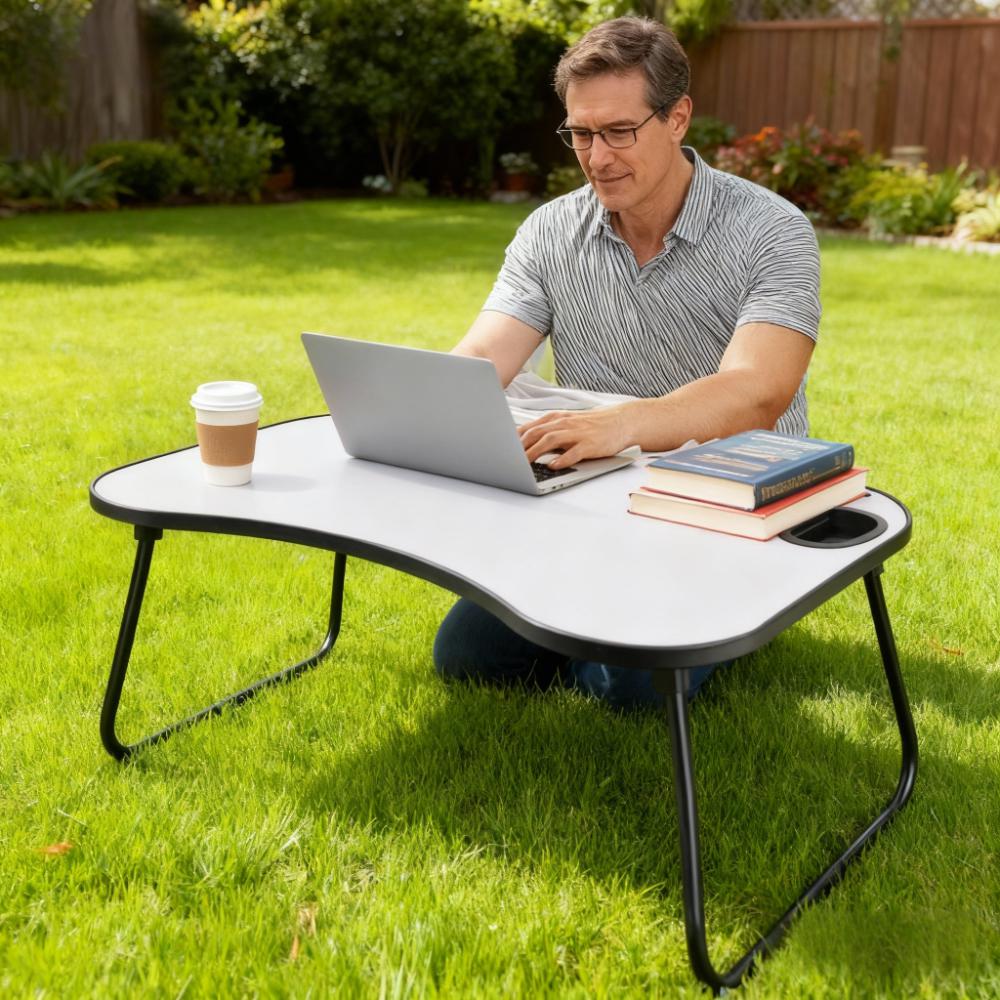 AEELLEEA- Foldable Wooden Laptop Desk, Portable Bed Tray Table with Cup Holder, Smooth Surface Lap Desk for Working