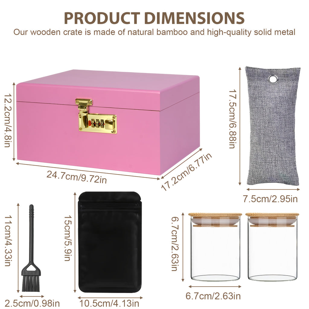 Premium Large Bamboo Box With Combination Lock Decorative Box For Home, Box Kit With Glass Jars And Organizer Tray - Storage Wood Box Accessories