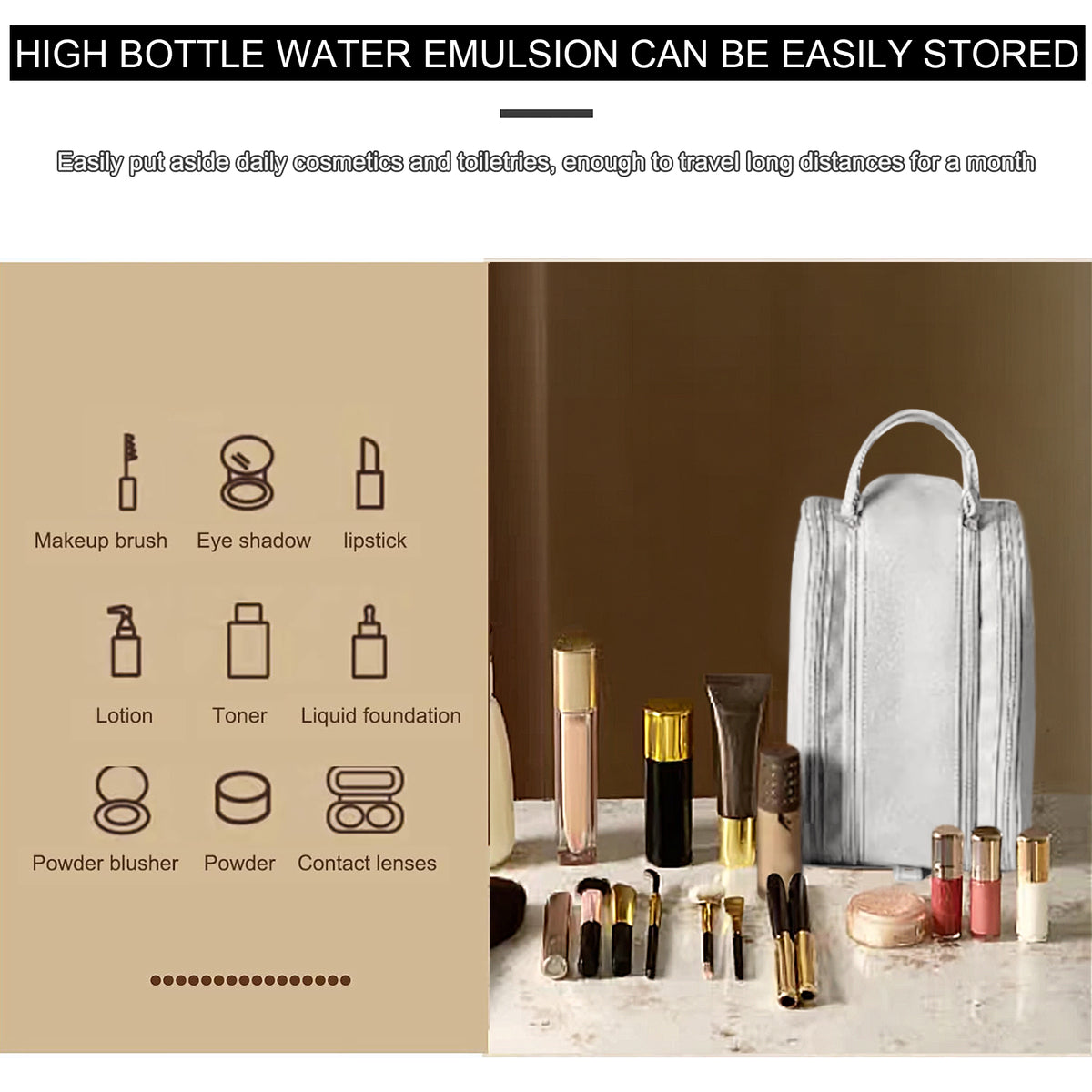 Travel Makeup Bag, Large Capacity PU Cosmetic Organizer, Water Resistant Toiletry Bag with Divided Compartments for Women, Portable Handbag for Travel & Daily Use