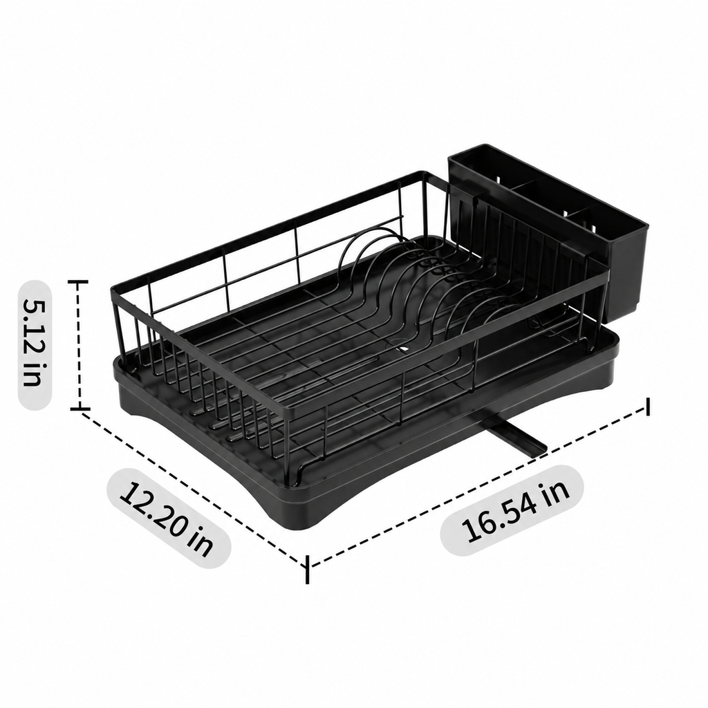 Single Tier Dish Drying Rack with Drainboard & Utensil Caddy, Rustproof Metal Dish Drainer with Drip Spout for Kitchen Countertop