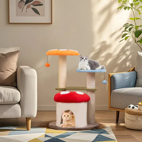 Aeelleea 35 Inch Mushroom Cat Tree, Multi-Level Cat Tower with Sisal Scratching Posts, Cat Condo and Soft Plush Perches for Indoor Cats