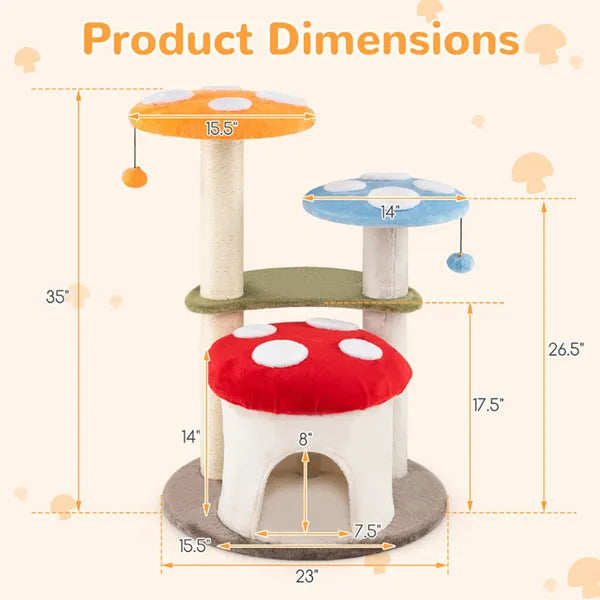 Aeelleea 35 Inch Mushroom Cat Tree, Multi-Level Cat Tower with Sisal Scratching Posts, Cat Condo and Soft Plush Perches for Indoor Cats