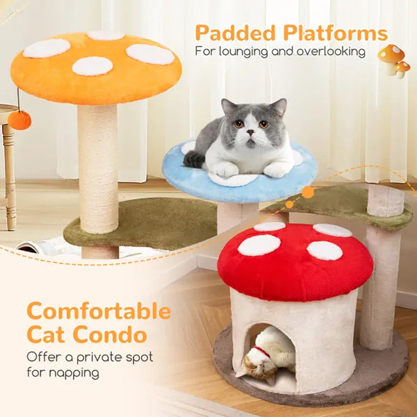 Aeelleea 35 Inch Mushroom Cat Tree, Multi-Level Cat Tower with Sisal Scratching Posts, Cat Condo and Soft Plush Perches for Indoor Cats