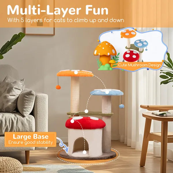 Aeelleea 35 Inch Mushroom Cat Tree, Multi-Level Cat Tower with Sisal Scratching Posts, Cat Condo and Soft Plush Perches for Indoor Cats