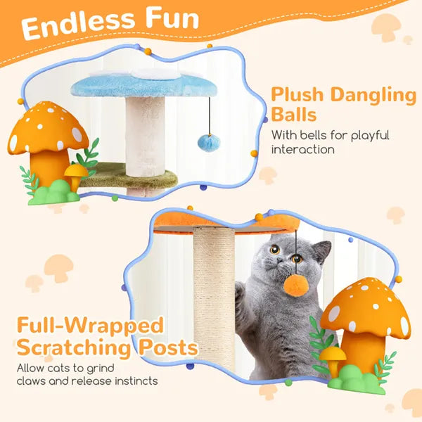 Aeelleea 35 Inch Mushroom Cat Tree, Multi-Level Cat Tower with Sisal Scratching Posts, Cat Condo and Soft Plush Perches for Indoor Cats