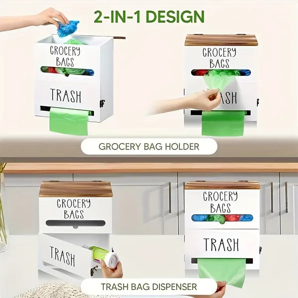 Aeelleea Wall Mount Wooden Grocery Bag Holder, 11.8×10.2×5.5in Dual Compartment Dispenser, White / Black for Kitchen Cabinet