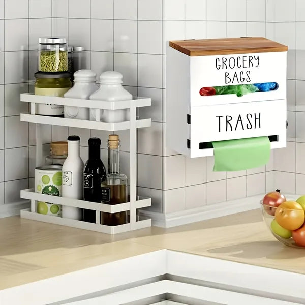 Aeelleea Wall Mount Wooden Grocery Bag Holder, 11.8×10.2×5.5in Dual Compartment Dispenser, White / Black for Kitchen Cabinet