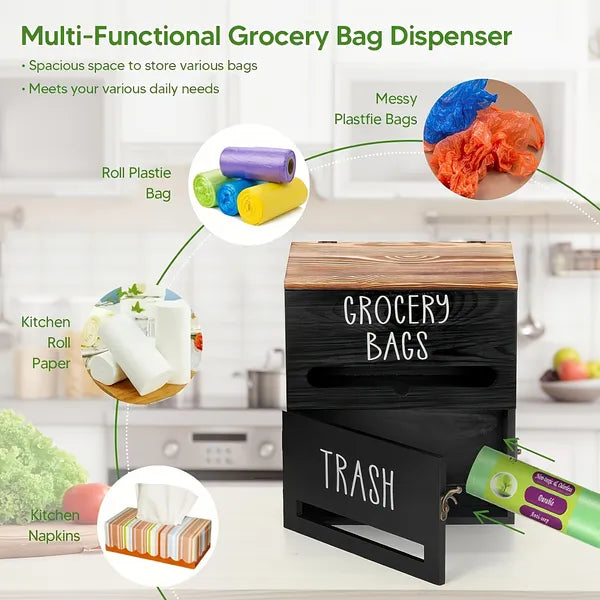 Aeelleea Wall Mount Wooden Grocery Bag Holder, 11.8×10.2×5.5in Dual Compartment Dispenser, White / Black for Kitchen Cabinet