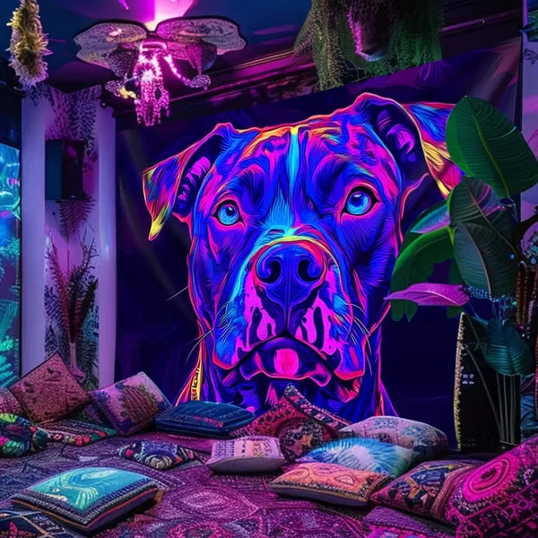 Aeelleea Cyberpunk Dog Tapestry 79×59 Inch, UV Reactive Peach Skin Wall Hanging, Animal Print Decor for Bedroom Living Room Indoor