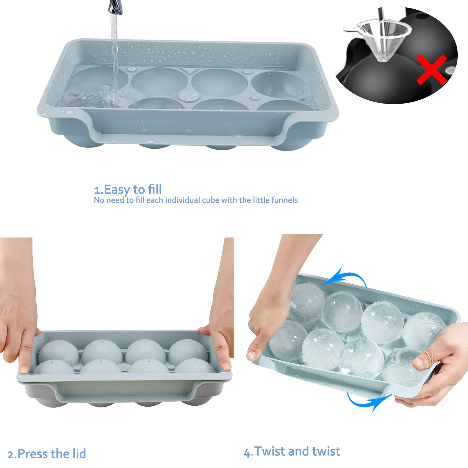 2.5" Large Round Ice Ball Mold with Container & Tongs, 8 Pack Big Sphere Ice Cube Tray for Whiskey Bourbon Cocktail
