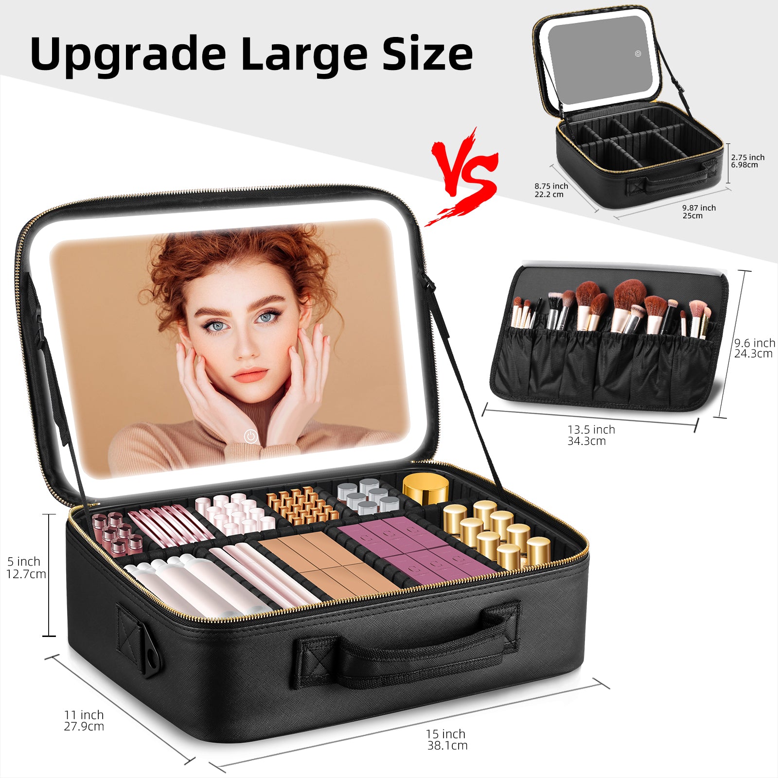 15" Lighted Makeup Organizer 3Color Mirror Adjustable Dividers Travel Ready