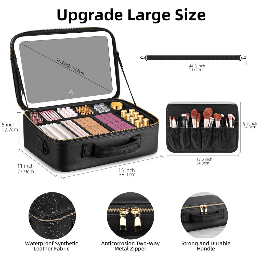15" Lighted Makeup Organizer 3Color Mirror Adjustable Dividers Travel Ready