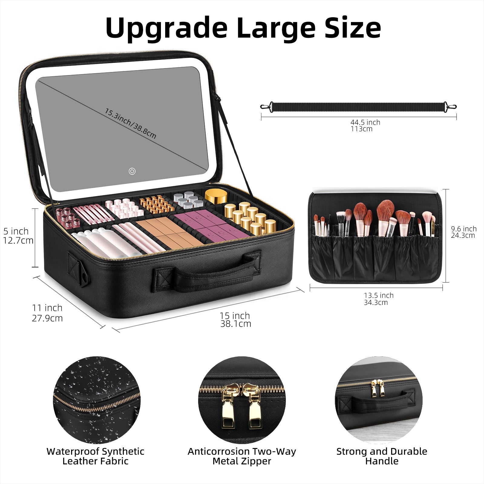 15" Lighted Makeup Organizer 3Color Mirror Adjustable Dividers Travel Ready