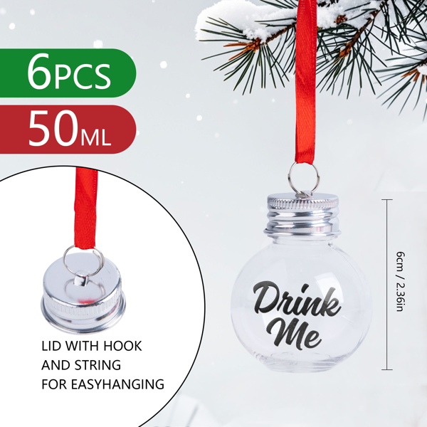 6Pcs Christmas Fillable Clear Ornaments Drink Balls, 50ml Plastic Ornaments Balls for Christmas Tree Hanging Decor