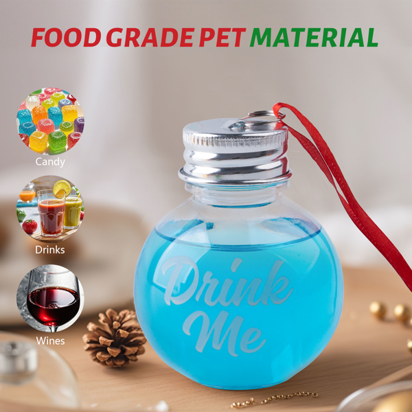 6Pcs Christmas Fillable Clear Ornaments Drink Balls, 50ml Plastic Ornaments Balls for Christmas Tree Hanging Decor