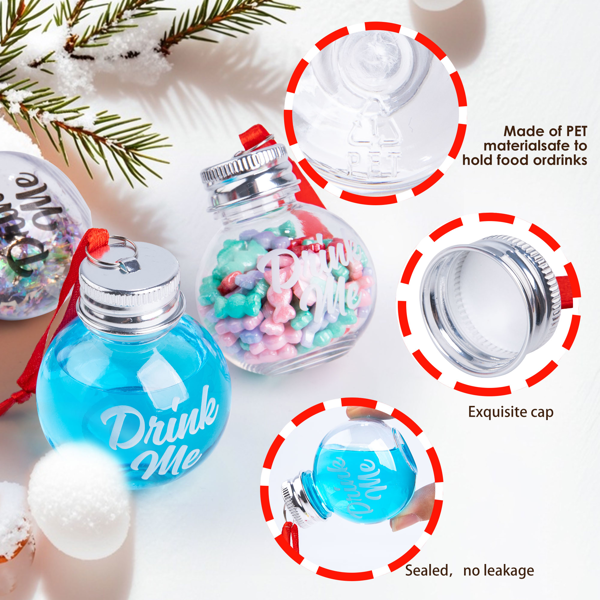 6Pcs Christmas Fillable Clear Ornaments Drink Balls, 50ml Plastic Ornaments Balls for Christmas Tree Hanging Decor