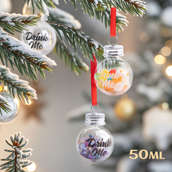 6Pcs Christmas Fillable Clear Ornaments Drink Balls, 50ml Plastic Ornaments Balls for Christmas Tree Hanging Decor