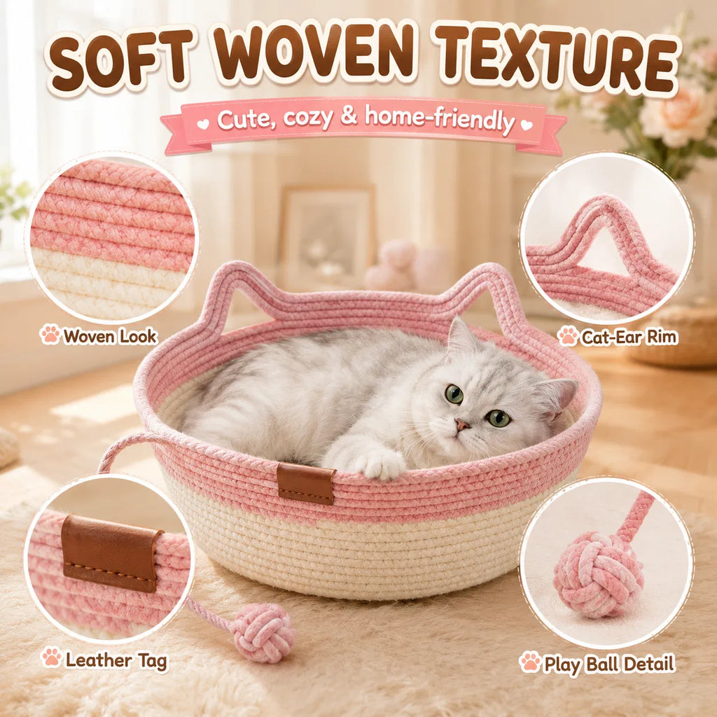18.1" Cotton Rope Cat Bed with Hanging Toy, Round Woven Pet Bed with Cat-Ear Rim for Indoor Cats - Pink