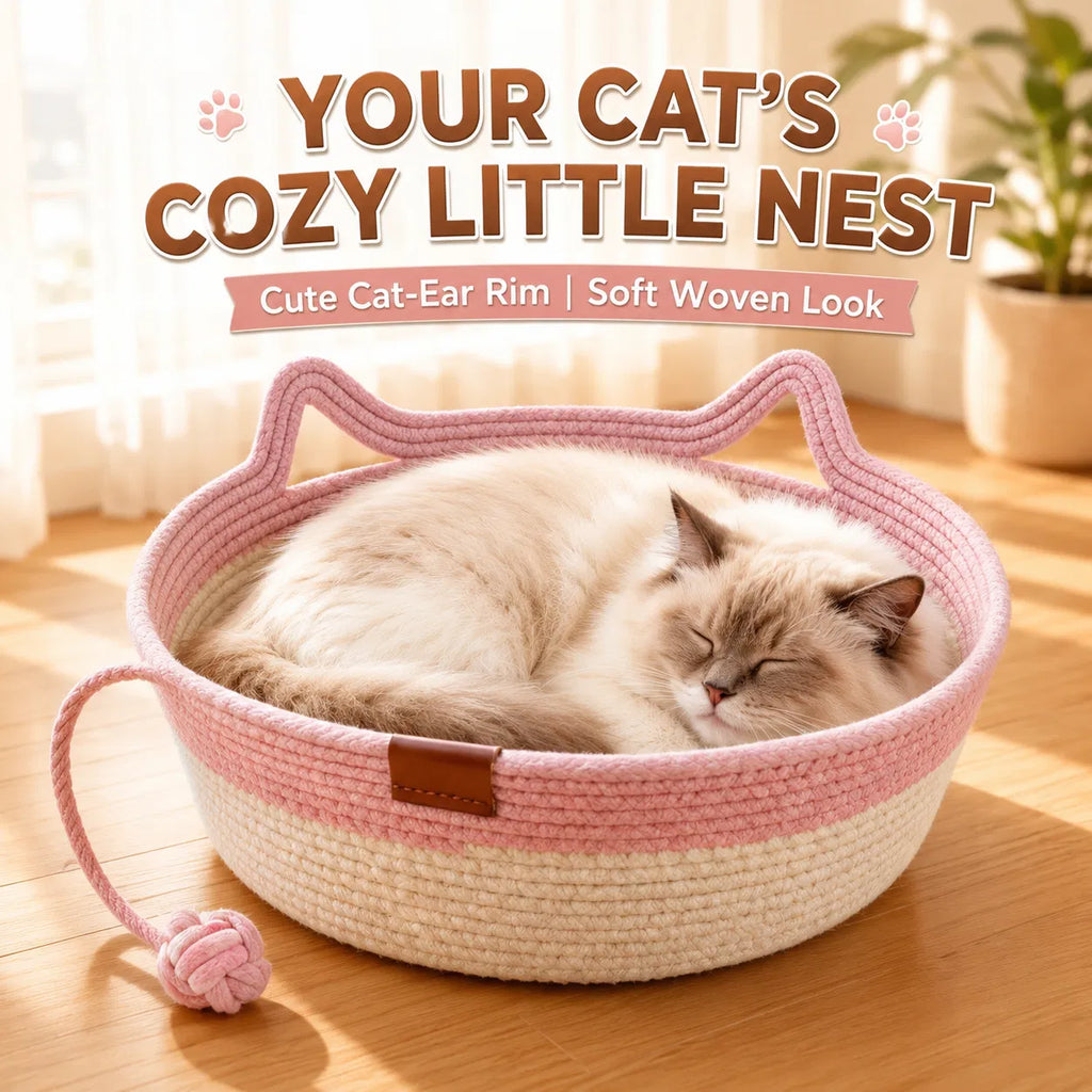 18.1" Cotton Rope Cat Bed with Hanging Toy, Round Woven Pet Bed with Cat-Ear Rim for Indoor Cats - Pink