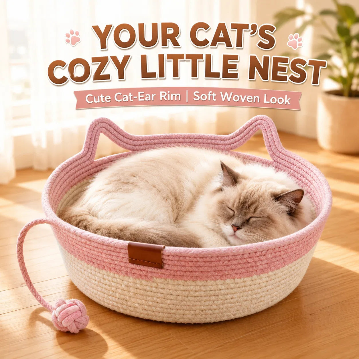 18.1" Cotton Rope Cat Bed with Hanging Toy, Round Woven Pet Bed with Cat-Ear Rim for Indoor Cats - Pink